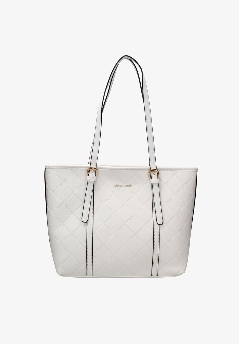 Witte doorgestikte tote bag met zwarte accenten, twee schouderbanden en een gouden logo-detail. Heeft een rechthoekige vorm en een gladde textuur.