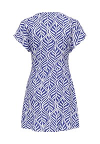 Robe à manches courtes avec motif feuilles bleu et blanc, longueur genoux, taille cintrée, vue de dos sur fond blanc.