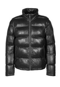 Chaqueta de plumas de cuero negro con cuello alto, cremallera frontal y dos bolsillos laterales. Presenta un diseño acolchado con secciones con relleno.