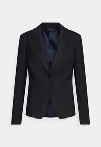 Černý blazer s hladkou texturou, zapínání na jeden knoflík, klopové límce a dvě přední kapsy. Interiér je vyložený námořnickým modrým materiálem.