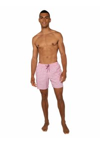 Roze gestreepte zwemshorts met een elastische tailleband en een koord. Lichtgewicht stof. Korte lengte, met zijzakken.