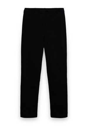 Pantaloni neri a gamba dritta con vita aderente, senza tasche visibili o decorazioni, mostrati su uno sfondo bianco.