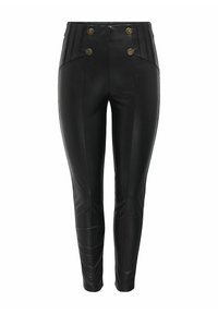 Zwarte nep leren broek met een slim fit, met een hoge taille, dubbele knopen, gestructureerde zij naden en subtiele plooien aan de voorkant.