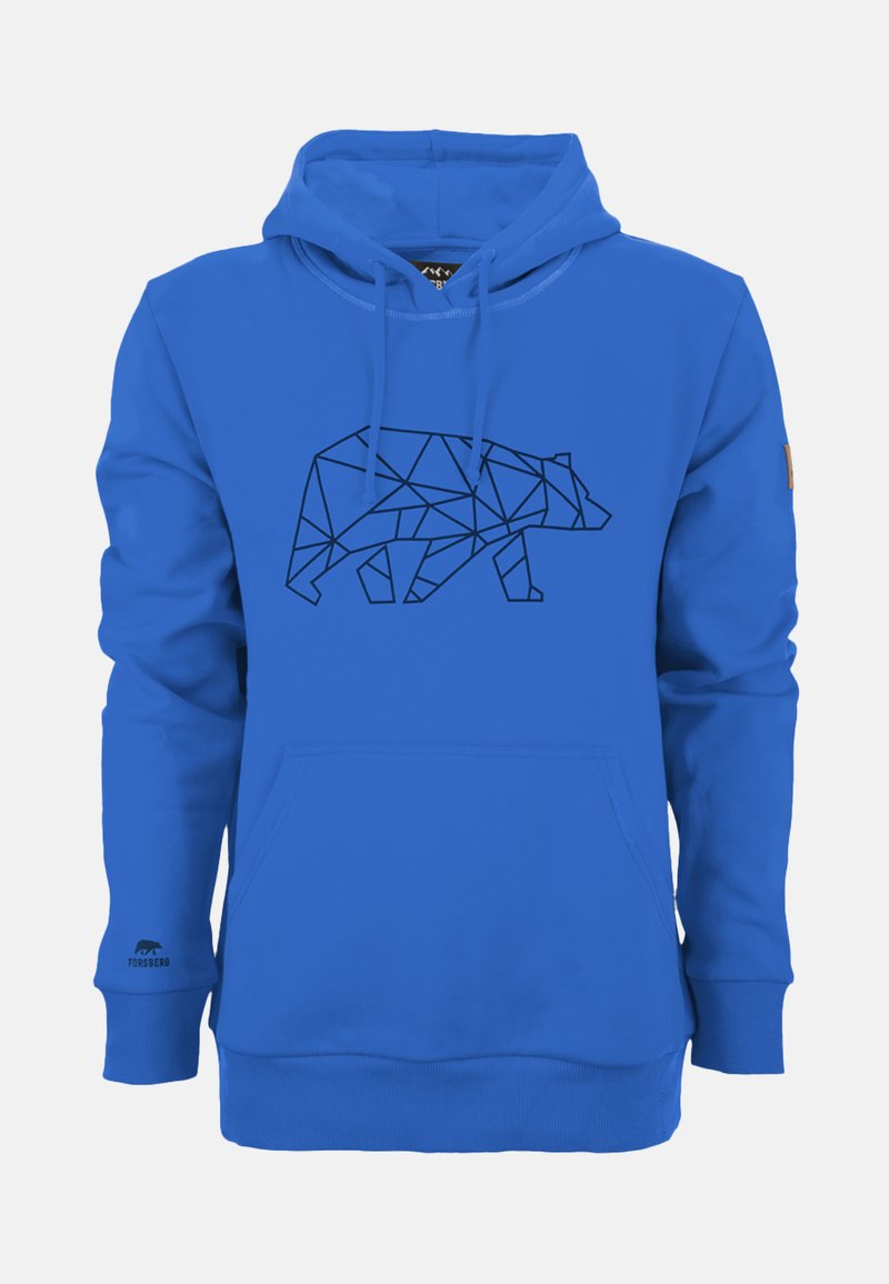 Sudadera azul de tela suave con un diseño de oso geométrico negro en el frente, bolsillo tipo canguro y puños acanalados.