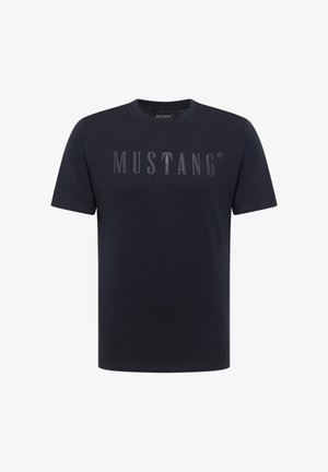 Navy blue cotton t-shirt with a crew neck and short sleeves, featuring a prominent "MUSTANG" logo in a contrasting shade across the chest.