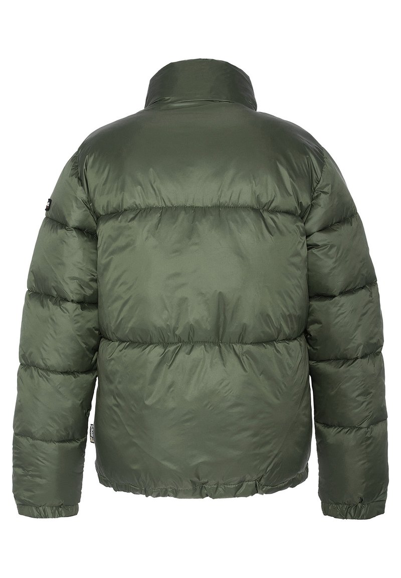 Doudoune vert olive, en matériau synthétique lisse, au design matelassé épais, avec un col haut, des poignets et un ourlet élastiques, et un logo sur la manche.