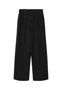 Schwarze, hochtaillierte, weit geschnittene Hosen mit sechs vorderen Knöpfen und Seitentaschen, mit einem maßgeschneiderten, plissierten Design.