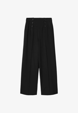 Schwarze, hochtaillierte, weit geschnittene Hosen mit sechs vorderen Knöpfen und Seitentaschen, mit einem maßgeschneiderten, plissierten Design.