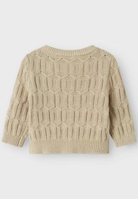 Beige gestrickter Pullover mit Wabenmuster, langen Ärmeln und geripptem Saum; strukturiertem Stoff mit Rundhalsausschnitt.