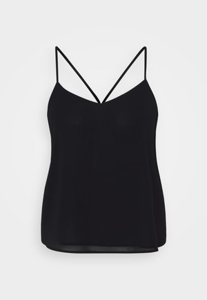 Μαύρη καμισόλα με ρυθμιζόμενους λεπτούς ιμάντες, V-λαιμόκοψη και μαλακό, ελαφρώς διάφανο ύφασμα. Καθημερινός σχεδιασμός με άνετη εφαρμογή.