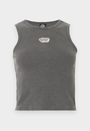 Sleeveless ribbed gray crop top with round neckline and white "Santa Cruz" logo patch centered on chest.