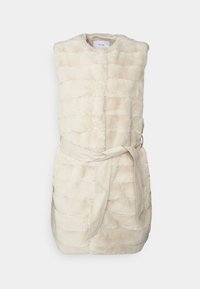 Kremowa kamizelka z futra sztucznego o bezrękawym fasonie, z teksturowanym wzorem i pasującym paskiem w talii. Posiada okrągły dekolt i prostą sylwetkę.