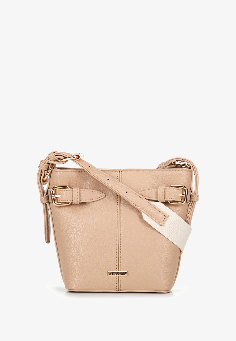 Borsa a mano in pelle beige con un design strutturato, dotata di tracolle regolabili, accessori in metallo dorato e una finitura liscia e texturizzata.