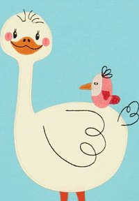 Twee cartoonvogels zijn afgebeeld: een grote, romige gans met een gebogen nek, een oranje snavel en roze wangen; een kleine roze vogel zit op zijn rug.