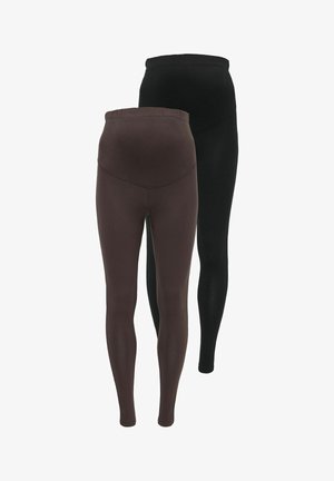 Twee paar zwangerschapsleggings, één bruin en één zwart, van voren getoond met hoge, rekbare taillebanden voor buikondersteuning.
