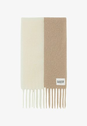 Écharpe beige et crème avec des franges, fabriquée en tissu doux. Présente un design bicolore, avec une étiquette de marque dans le coin inférieur droit.