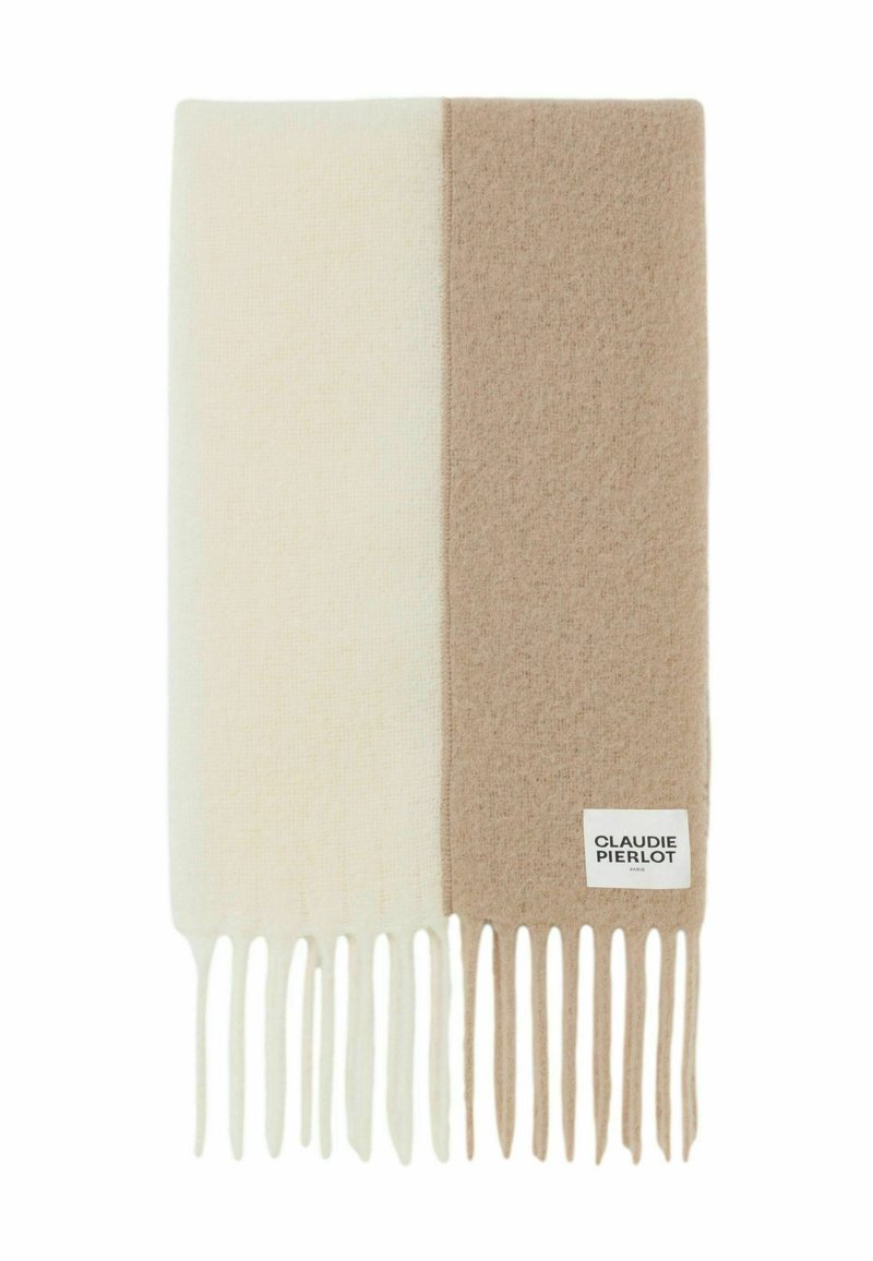 Écharpe beige et crème avec des franges, fabriquée en tissu doux. Présente un design bicolore, avec une étiquette de marque dans le coin inférieur droit.