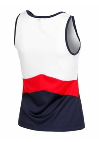 Top atletico senza maniche con sezione superiore bianca, fascia centrale rossa e sezione inferiore blu navy, mostrato da dietro.