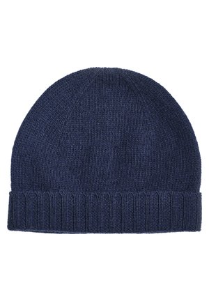Marineblå strikket lue med ribbestrikket mansjett og strukturert mønster. Mykt materiale, avrundet topp og strekkbart design for komfort.