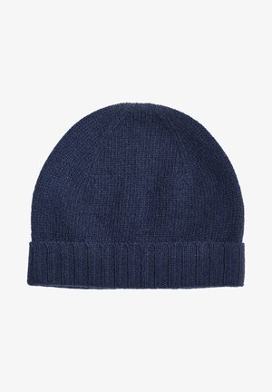 Marineblå strikket lue med ribbestrikket mansjett og strukturert mønster. Mykt materiale, avrundet topp og strekkbart design for komfort.