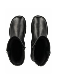 Bottines en cuir noir avec une texture lisse, bout arrondi et fermeture éclair sur le côté. Les semelles sont plates et solides pour un bon maintien.