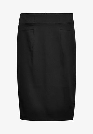 Jupe crayon noire en tissu lisse, présentant une coupe ajustée, une longueur mi-longue et une fermeture éclair au dos avec des coutures nettes.