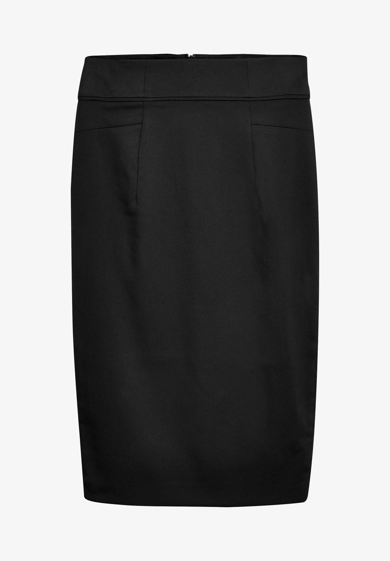 Jupe crayon noire en tissu lisse, présentant une coupe ajustée, une longueur mi-longue et une fermeture éclair au dos avec des coutures nettes.