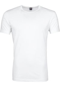 Witte t-shirt met korte mouwen van katoen, met een ronde hals en een uniforme stoftextuur zonder zichtbare patronen of accenten.