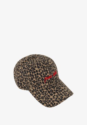 Leopardenmuster-Basketballmütze aus braunem und schwarzem Stoff mit rotem gesticktem Text "paris del". Mit gebogenem Schirm und strukturiertem Kappen-Design.