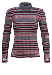 Långärmad polokrage-topp i ribbad tyg; har horisontella ränder i mörkblått, rött, rosa och vitt. Tätt sittande design med elastisk textur.