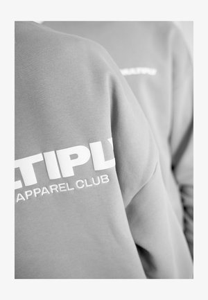 Grauer Pullover mit auffälligem, weißen, gesticktem Text, der "MULTIPLY APPAREL CLUB" lautet. Der Stoff wirkt weich mit einer glatten Textur.