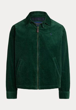 Veste zippée en velours côtelé vert foncé avec col, deux poches avant et petit logo brodé sur la poitrine gauche.