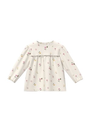 Cream long-sleeve toddler top with pink and yellow flower and bee print, lace trim across chest, elastic cuffs.