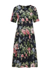 Blumenkleid mit navy Hintergrund, kurzen Ärmeln, V-Ausschnitt und Knopfleiste. Die Muster zeigen große rosa und blaue Rosen mit grünen Blättern.