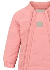 Pink padded jacket with a round neckline, quilted texture, and a small logo patch. Features long sleeves and a front opening design.