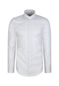 Chemise blanche à manches longues avec un motif géométrique subtil, col évasé et poignets boutonnés, présentée sur un fond blanc.