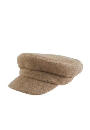 Beige wool cap with a flat crown, wide front brim, and two horizontal seams. Soft texture with a slightly fuzzy appearance.