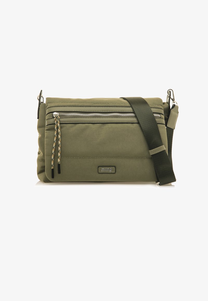 Olivgrüne Umhängetasche aus strapazierfähigem Material, mit einer vorderen Reißverschlusstasche, verstellbarem Trageriemen und dekorativen Reißverschlussanhängern.