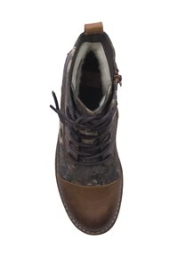 Bottines à lacets avec un dessus en motif bleu marine et un embout en cuir marron. Les lacets épais et le col rembourré augmentent le confort.