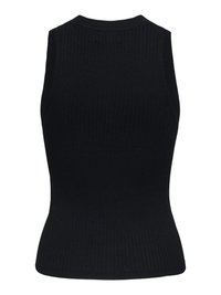 Top de punto acanalado negro sin mangas con cuello redondo y silueta ajustada, visto desde atrás.