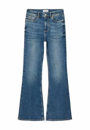 Blaue Jeans aus Denim mit leichter Ausbleichung, hohem Bund, Vorderknopf- und Reißverschluss, Taschen vorne und hinten sowie ausgestelltem Bein.
