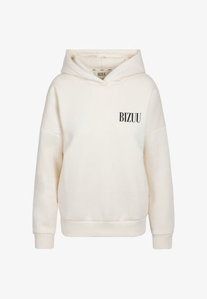 Kremowa bluza z kapturem z długimi rękawami, przednią kieszenią oraz napisem "BIZUU" w kolorze czarnym na lewej piersi.