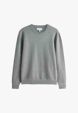 Sudadera gris claro con cuello redondo hecha de tela suave, con puños y dobladillo acanalados. Presenta una textura sutil y una etiqueta en el cuello.