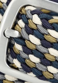 Woven belt with blue, gray, white, and olive green braids, featuring a silver metal buckle. Textured fabric finish.