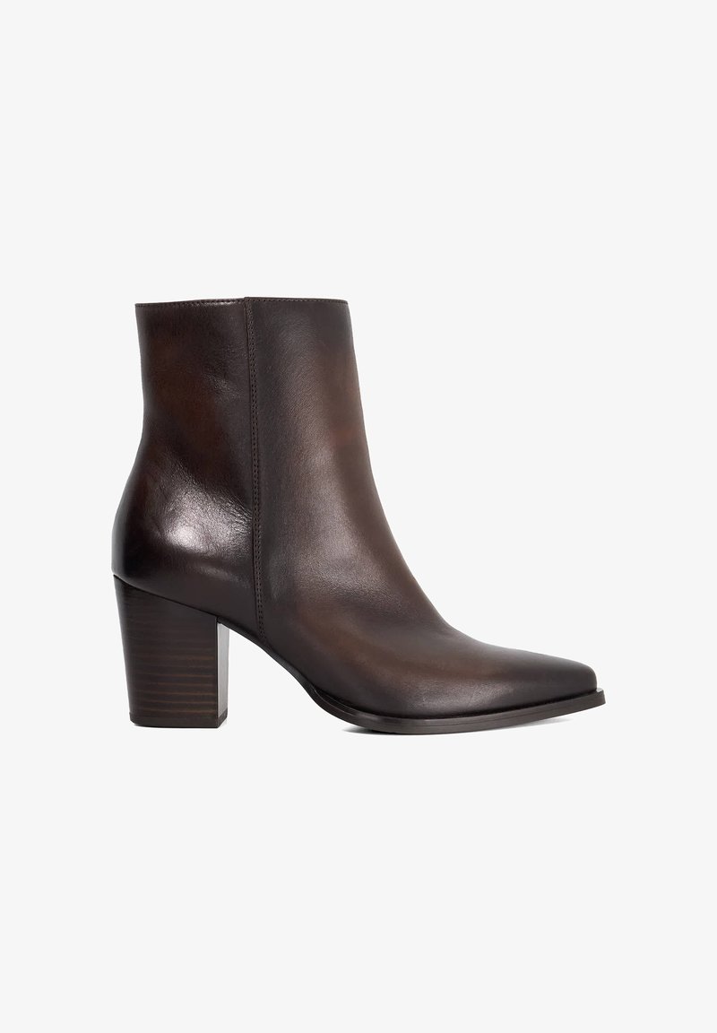 Dark brown leather ankle boot with a block heel and pointed toe, shown in profile against a white background.