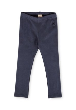 Marineblaue Kinderleggings mit elastischem Bund und kleinem rundem Logo nahe der Hüfte, flach auf einem weißen Hintergrund liegend.