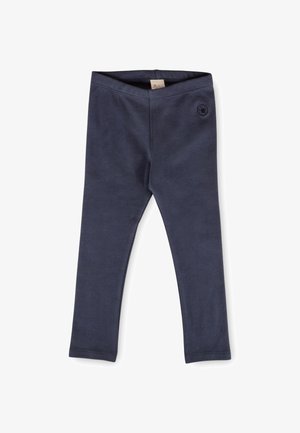 Marineblaue Kinderleggings mit elastischem Bund und kleinem rundem Logo nahe der Hüfte, flach auf einem weißen Hintergrund liegend.