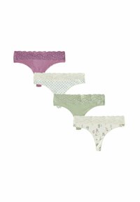Vier paar damesstringtangas in verschillende kleuren: paars, lichtgroen, met een bloemmotief en met stippen. Allemaal hebben ze kanten taillebanden en zachte stof.