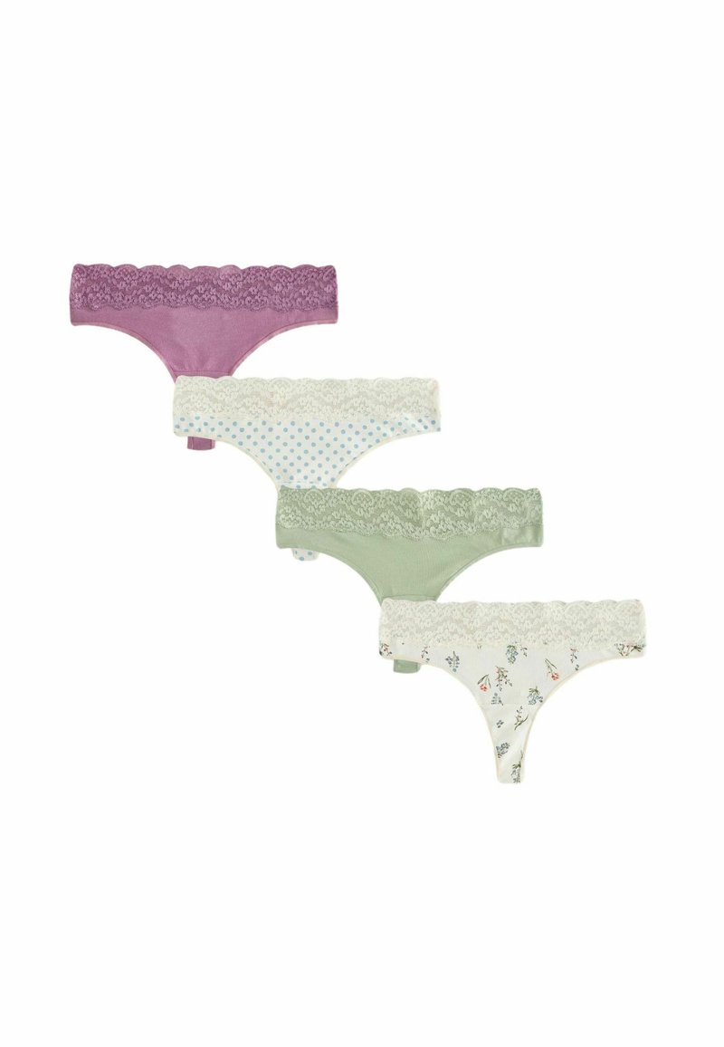 Vier paar damesstringtangas in verschillende kleuren: paars, lichtgroen, met een bloemmotief en met stippen. Allemaal hebben ze kanten taillebanden en zachte stof.