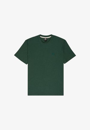 Dark green short-sleeve crew neck t-shirt with a small embroidered logo on the left chest.